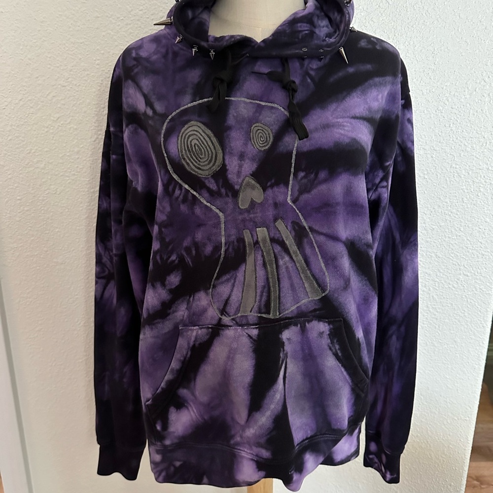 Goth punk purple black hoodie spike studs on hood and skeleton medium